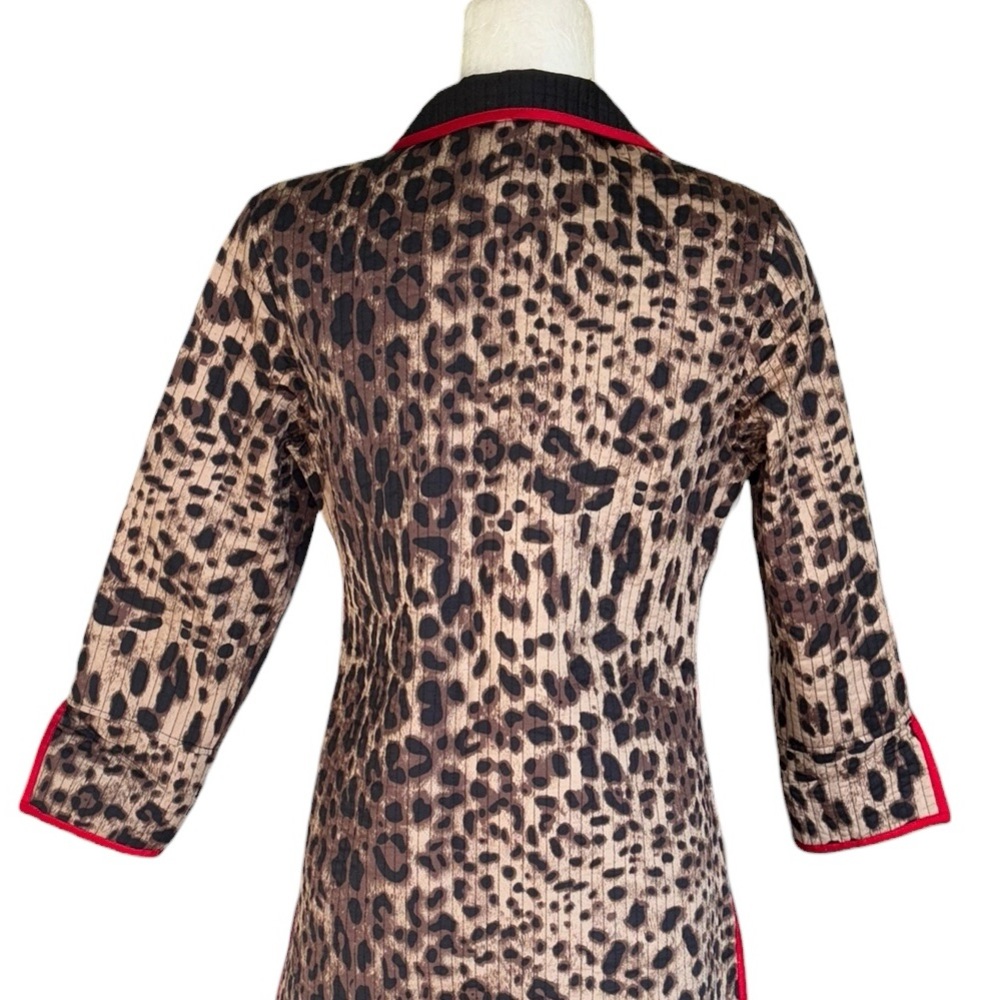 PATTY KIM Leopard Print Quilted Open Front Red Trimmed Jacket Coat - XS - Picture 6 of 9